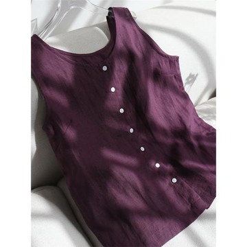 漂浮 法式寬松慵懶紐扣背心 純亞麻松馳感舒適 百搭舒爽無袖上衣