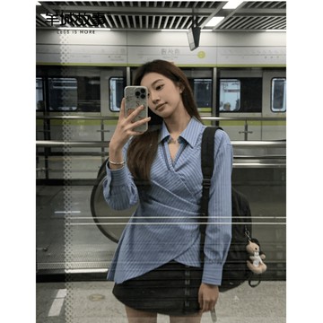 隨便搭都好看！韓系設計 不規則收腰繫帶 藍條紋長袖襯衫女  修身襯衫 制服襯衫 翻領襯衫 小眾設計感 長版襯衫 女生襯衫