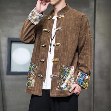 爸爸外套春秋高級感提花上衣新中式復古盤扣唐裝中國風男裝中山服