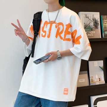 字母印花短袖t恤男ins港風潮流寬松五分袖上衣夏季新款半袖體恤衫