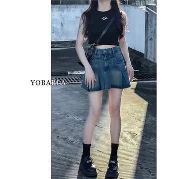 復古高腰百褶牛仔短裙女夏季新款大碼胖mm顯瘦梨型身材a字半身裙