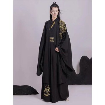 花容原創將夜黑色晉制交領漢服齊腰繡花套裝大袖衫俠客服春秋學生