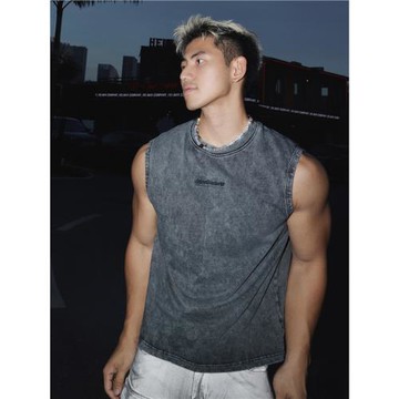 PAPASLILMONSTER【原創】美式復古水洗做舊金屬裝飾無袖T恤背心男