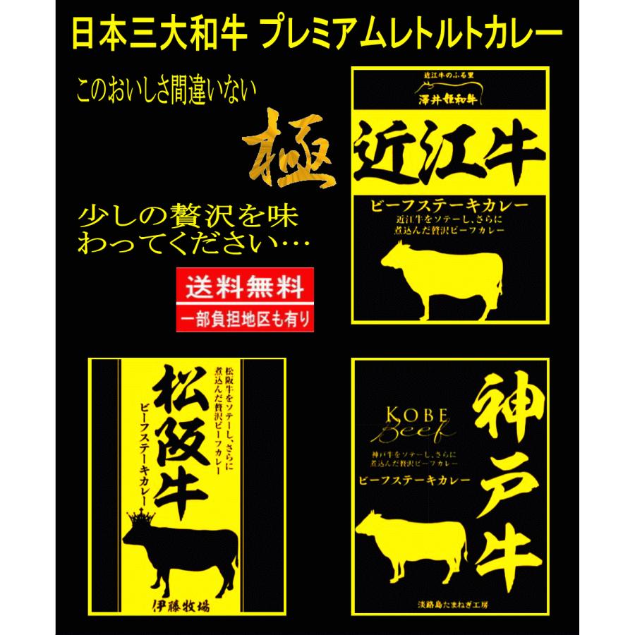 日本三大和牛 近江牛ビーフステーキカレー 神戸牛ビーフステーキカレー 松阪牛ビーフステーキカレー 響 プレミアム版 箱入り3種セット 関東圏 送料無料