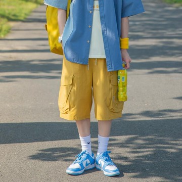 #Mr.Gu#精品男長褲 夏季冰絲短褲 【舒適棉質】美式五分褲 男士多巴胺穿搭 黃色褲子夏季新款 寬松百搭 側袋休閑短褲