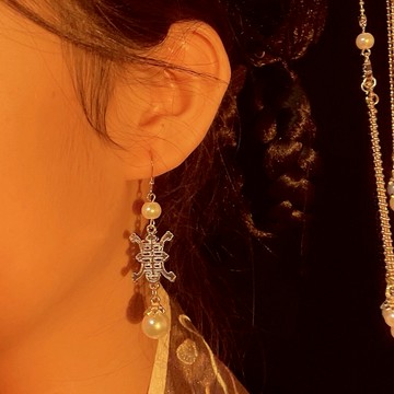 念念桃花萬年春壽字耳環古風漢服耳飾原創小眾設計耳勾珍珠耳墜女