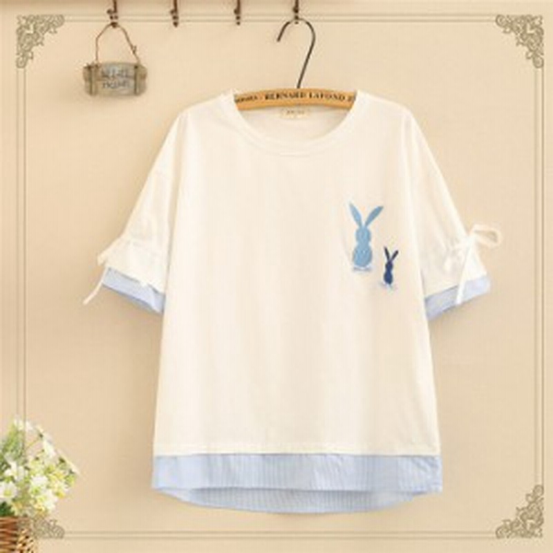 刺繍 Tシャツ かわいい 半袖 Tシャツ ウサギ 学生 夏服 クルーネック 女子高生 綿 コットン Tee 白シャツ レディース ガーリー系 夏新作 通販 Lineポイント最大get Lineショッピング