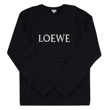 LOEWE 字母LOGO紗線刺繡圓領落肩棉質大學T/衛衣.黑