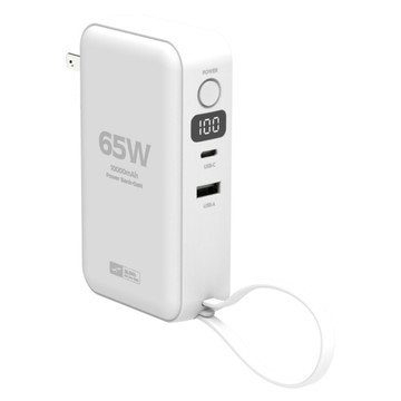 POLYWELL 寶利威爾 數位電量顯示65W2合1自帶線行動電源/充電器 10000mAh USB-A + Type-C 11.5 x 6.5 x 3.2cm  白色  ADS014-02