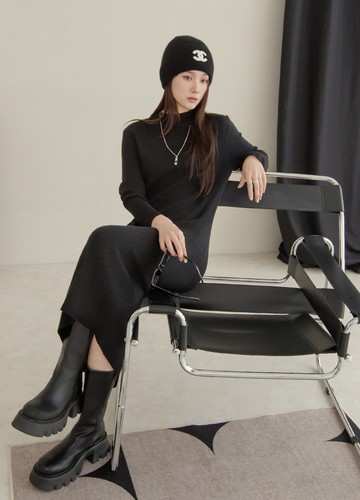 藏肉坑條針織洋裝