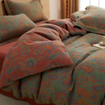 復古色織提花全棉雙層紗被套單件A類雙面純棉紗布秋冬被罩三件套