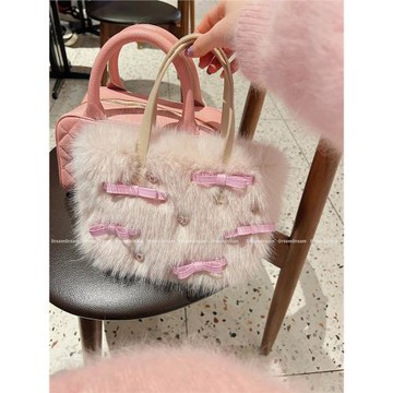 九月有夢/原創水貂毛絨甜美樹莓茶話會中號托特包蝴蝶結可斜挎