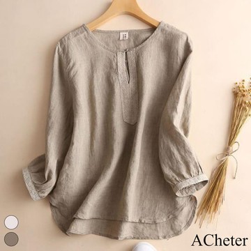 【ACheter】春秋新品寬鬆顯瘦圓領減齡七分燈籠袖棉麻襯衫上衣# 113555(現貨+預購)