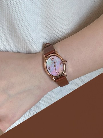 【Ven & Qu】寶石玫瑰金-蛋白石腕錶 – 23×27 mm 錶殼, 棕色皮