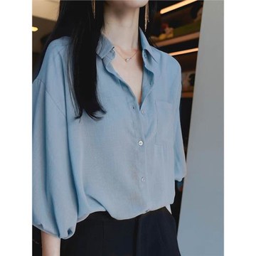 2025夏季新款韓版五分袖襯衫女雪紡燈籠袖上衣復古寬松純色襯衣潮