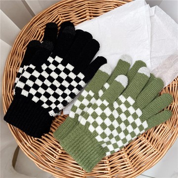 可觸屏保暖棋盤格子手套加絨加厚秋冬季女學生黑白男寫字分指全指