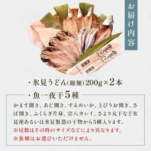 氷見 堀与おすすめ一夜干5種と氷見うどん2本 富山県 氷見市 干物 詰め合わせ 食べ比べ セット うどん