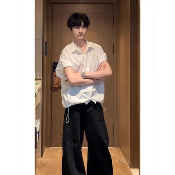 白色抽繩收腰短袖襯衫男 夏季輕薄透氣防晒襯衫 正肩五分袖襯衫