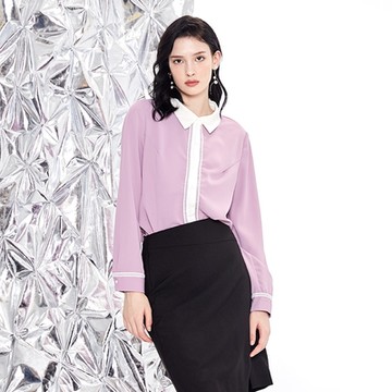 【MASTINA】蕾絲裝飾撞色雪紡正裝長袖襯衫 粉 綠 紫 (魅力商品)