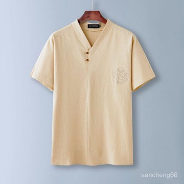 風男加大尺碼肥佬男T恤 寬鬆棉麻亞麻上衣胖子短袖純棉夏季加肥
