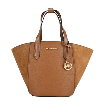 MICHAEL KORS MK絨面拼接皮革扇形手提/托特包-小/棕