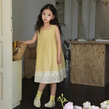 Wawama - 純棉方領拼接無袖洋裝-格子+碎花-黃色