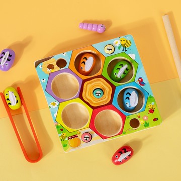 蒙氏幼兒童玩具 木製精細夾蜜蜂 釣魚捉蟲顏色認知配對玩具 啟蒙早教益智玩具