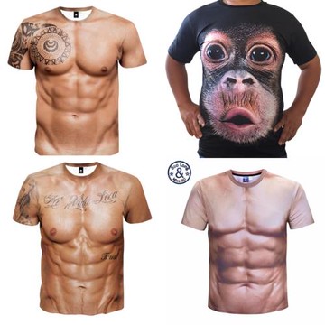 3D肌肉男t恤抖音網紅假腹肌圖案搞笑衣服大猩猩短袖 年會表演道具