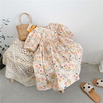 韓國童裝女童短袖碎花連衣裙女孩夏季長裙小清新洋氣泡泡袖公主裙