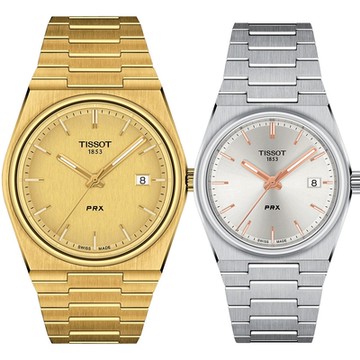 TISSOT 天梭 官方授權 PRX系列 70年代復刻石英對錶 情侶手錶 1212購物節 送禮推薦-金銀 T1374103302100+T1372101103100