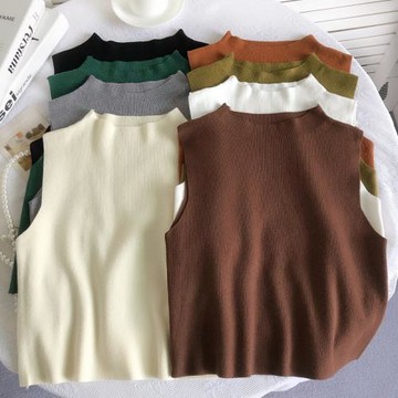 半高圓領背心女2023春夏新款簡約純色無袖修身短款打底衫上衣女