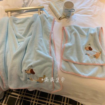 🎀臺灣出貨🎀浴巾三件套新款小狗吸水速幹不掉毛珊瑚絨裹巾親膚學生可愛大浴巾 浴巾 吸水 快乾 大浴巾 吸水浴巾 可穿式