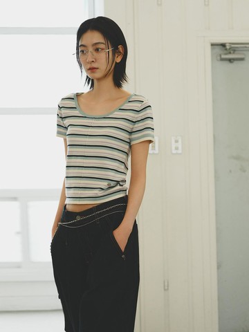 Multi-stripe U-neck Half-sleeve Knit [GREEN] (WBE2L05542)