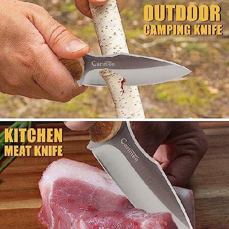 Carimee Utility Paring Knife Portable Small Full Tang Butcher Meat Knives With 4.1” D2 Steel Blade, Sandalwood Handle, Leather Sheath, Outdoor Campin