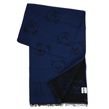 MOSCHINO 30763 M2992 滿版小熊LOGO混羊毛長圍巾/披肩.黑/深藍