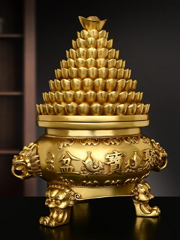 招財擺件送禮禮品 黃銅元寶開蓋聚寶盆擺件家居辦公室桌面裝飾品三足鼎店鋪開業禮品