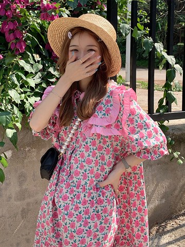 連衣裙夏季新款花瓣袖碎花雙層領炸街裙子溫柔系穿搭長裙女裝