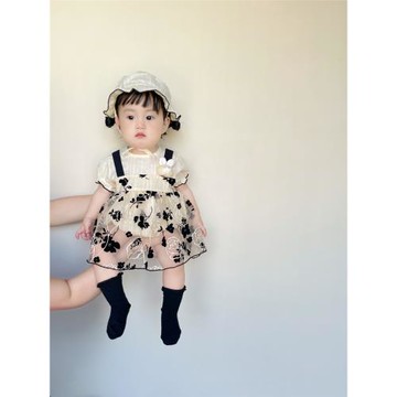 嬰兒夏裝蕾絲花朵假兩件短袖連體哈衣裙女寶寶洋氣公主包屁爬服