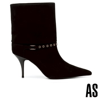 AS 懷舊摩登方釦環踝帶羊麂皮美型尖頭高跟短靴－黑