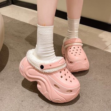 趙露思同款時尚保暖加絨厚底高跟eva棉鞋洞洞鞋女可DIY棉拖批發