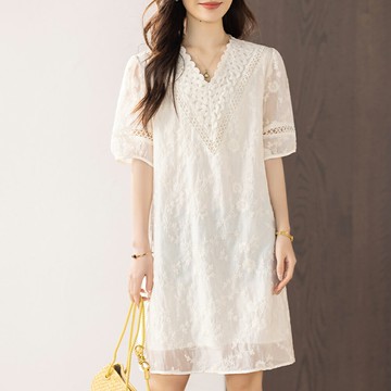 ＊ORead＊v領蕾絲拼接緹花刺繡洋裝(杏色S~4XL)