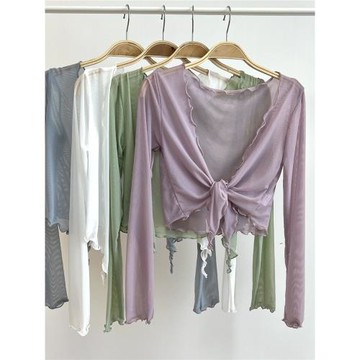 溫柔色中國風木耳花邊古典舞上衣網紗可系帶短外套空調開衫防曬衣