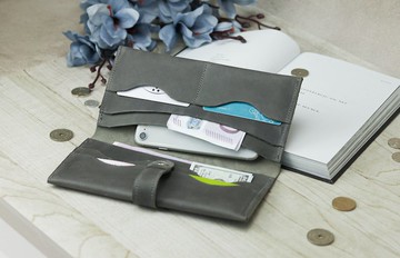 女士皮革灰色長皮夾/手工信用卡夾/皮革手拿包