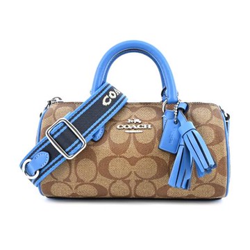 COACH】PVC 拼接皮革兩用迷你圓桶包-賽車藍