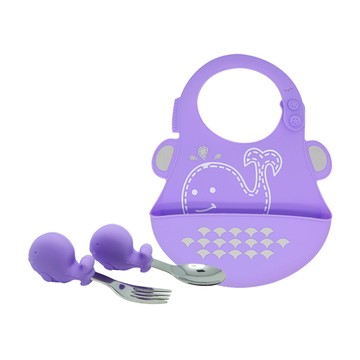 MARCUS＆MARCUS - 大口吃飯學習餐具組(圍兜+握握叉匙) -紫鯨魚