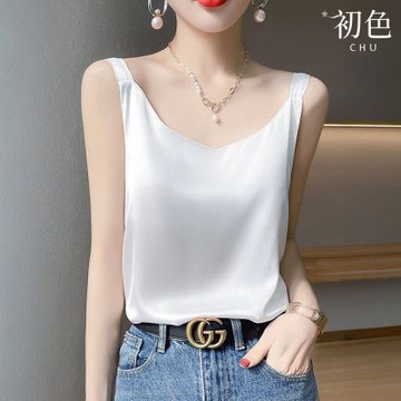 初色 簡約風V領純色緞面內搭輕薄透氣寬肩吊帶背心女背心-共6色-13435(M-3XL可選)