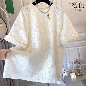 初色 慵懶風寬鬆鏤空蕾絲刺繡圓領花邊短袖T恤上衣女上衣-白色-18499(M-4XL可選)