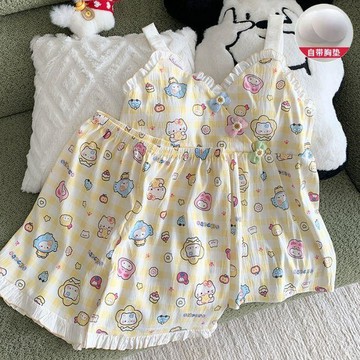 台灣出貨 新款帶胸墊睡衣 夏季睡衣 雲朵棉吊帶睡衣 短褲睡衣 甜美可愛睡衣 荷葉邊睡衣 可外穿家居服 女生睡衣 韓版睡衣