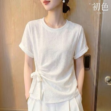 初色 法系休閒風純色短袖圓領蝴蝶結繫帶收腰開叉T恤上衣女上衣-白色-51951(M-2XL可選)