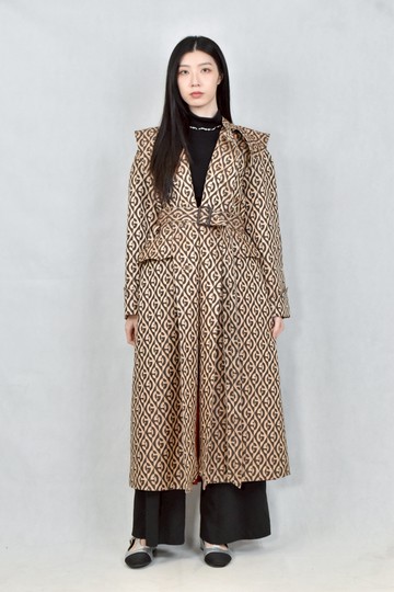 (L) gucci棕色翻領長版綁帶外套